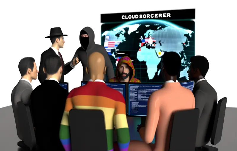 CloudSorcerer APT group logo, cyber threat actor.